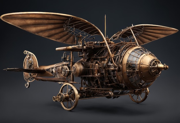 Foto una macchina volante ispirata allo steampunk con ali meccaniche dettagliate. ia generativa