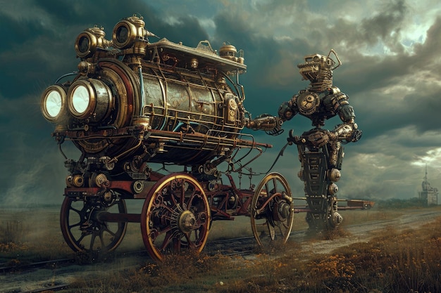 Foto una carrozza trainata da cavalli ispirata allo steampunk si fa strada lungo una strada di terra polverosa un robot in stile steampunk che tira una carrozza generata dall'ai