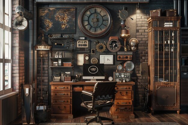 Steampunkthemed home office with industrial decor