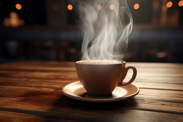 Photo steamy aesthetics closeup of coffee cup on wooden table captured by generative ai ar 32