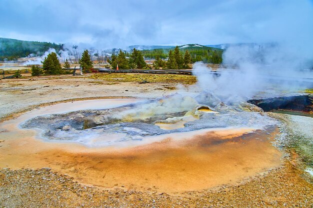 Steamy alkaline pools at yellowstone in winter