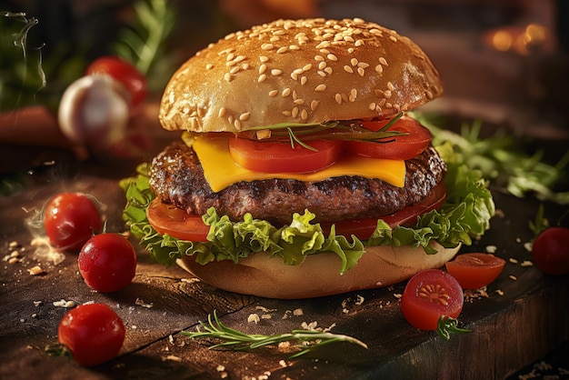 Photo steamy cheeseburger on sesame bun with fresh veggies