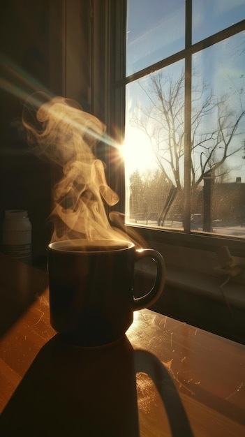 Steamy coffee mug early sunlight through window