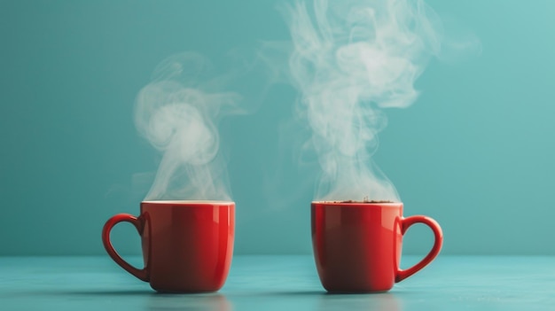 A steamy encounter two red mugs breathe out warmth in a cool tranquil setting