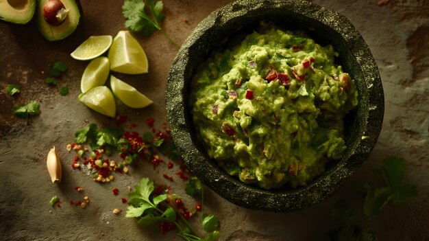 Photo steamy fresh guacamole in a stone bowl with tortilla chips