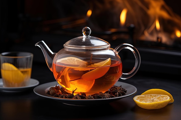 Steamy hot herbal tea made from dried bael fruit boiled in clear teapot poured into transparent cup