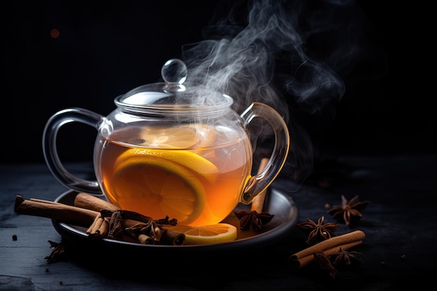 Парный горячий травяной чай из сушеных фруктов баэля, вареный в прозрачном чайнике, налитый в прозрачную чашку
