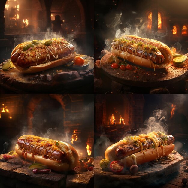 Steamy hot hotdogs with a flame on the background