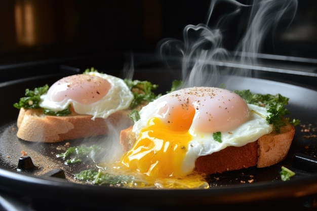 Steamy poached eggs on a toasty morning