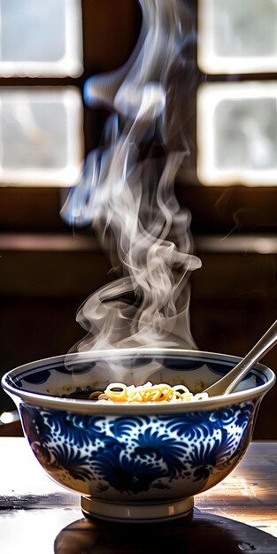 Photo steamy ramen soup bowl