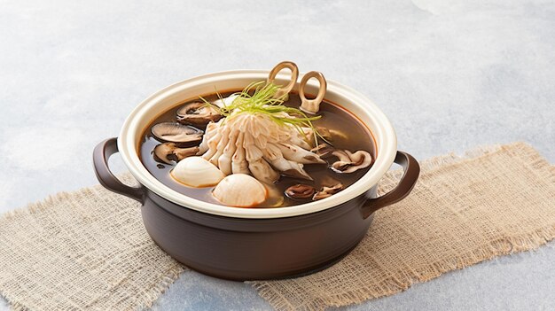 Steamy shum hotpot soup in a bowl