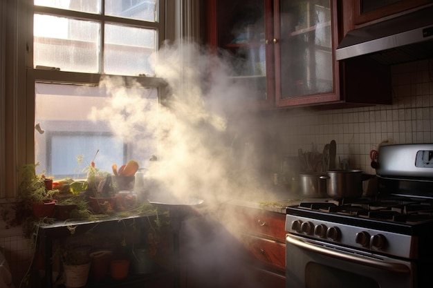 発電装置で作られたキッチンの窓から出る蒸気の煙