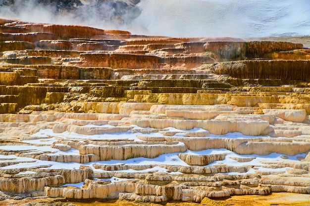 Steamy terraces in Yellowstone with dozens of layers in winter