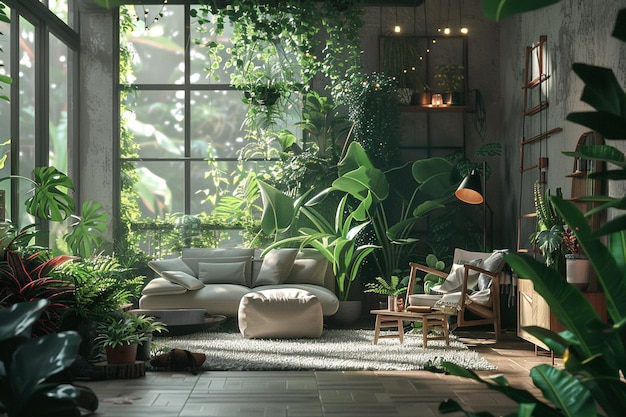 Stedelijk jungle-interieur met veel binnenplanten o