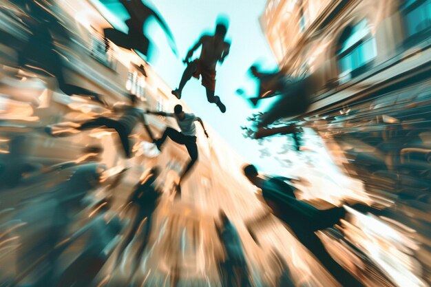 Foto stedelijk landschap met parkour atleten vervaagd in m