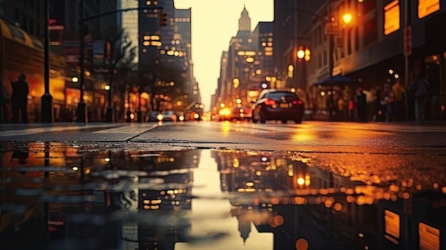 Stedelijke achtergrond met verlichte en schaduwrijke elementen NYC-wegen die glanzen van de regen met beelden die worden weerspiegeld op vochtige bestrating