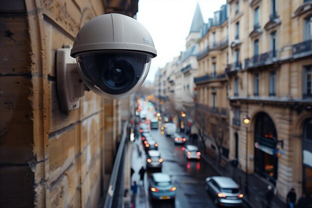 Stedelijke bewakingscamera met uitzicht op een drukke straat