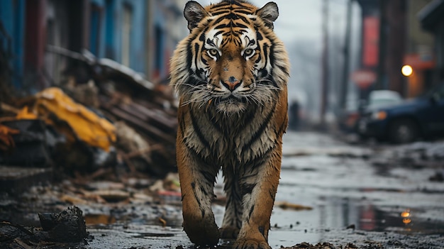 Stedelijke elegantie boeiende tijger op stadsfoto voor Werelddierdag