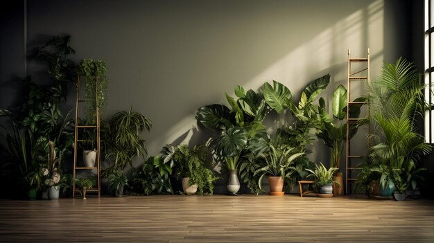 Stedelijke elegantie ruime eigentijdse zolderkamer met houten vloer en groen