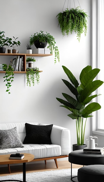 Stedelijke jungle in trendy woonkamer interieur met witte bank met zwarte knoop kussen