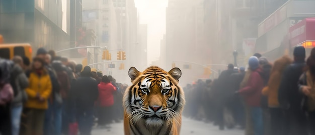 Stedelijke jungle ontketende tijger gevangen in de hectische menigte van New York