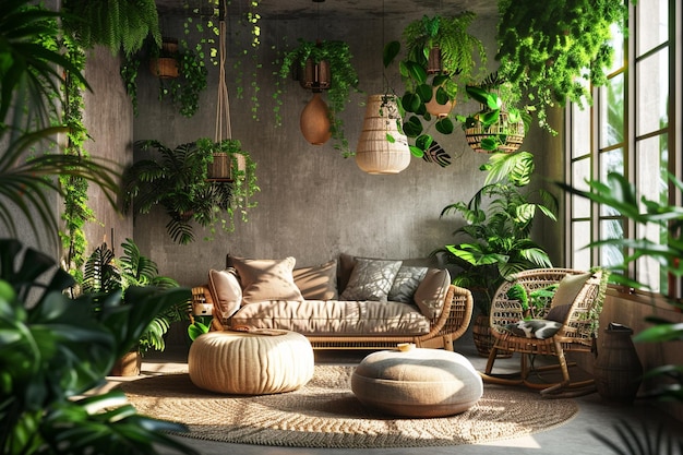 Stedelijke jungle woonkamer met hangende planten en r