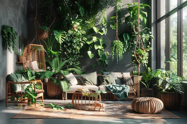 Stedelijke jungle woonkamer met hangende planten en r