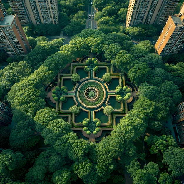 Foto stedelijke oase de symbiose van natuur en architectuur in het moderne stadslandschap