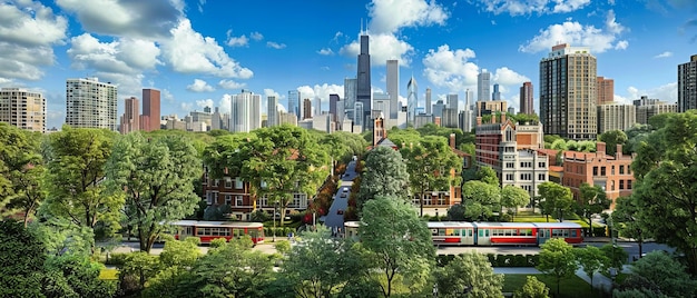 Stedelijke oase Een panoramisch uitzicht op een stadslandschap gemengd met weelderig groen dat een harmonieus evenwicht tussen natuur en urbanisatie symboliseert