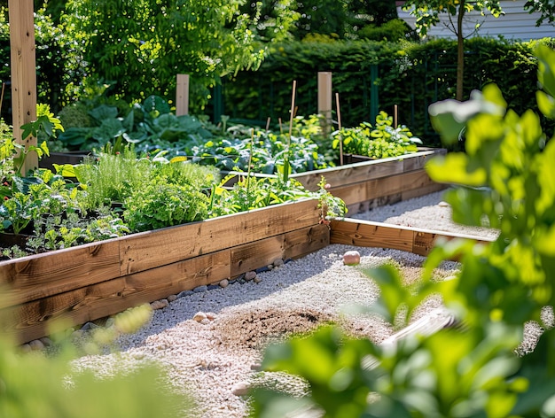 Foto stedelijke oase met verhoogde bakstenen tuinen voor de teelt van een verscheidenheid aan planten, kruiden en groenten