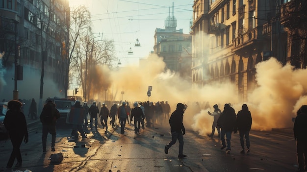 Stedelijke onrust straatrellen burgerlijke onrust en maatschappelijke spanningen chaos en intensiteit van publieke protesten en demonstraties in het hart van de stad