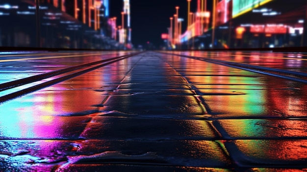 Stedelijke reflecties van neonlichten op natte asfalttextuur Generatieve AI