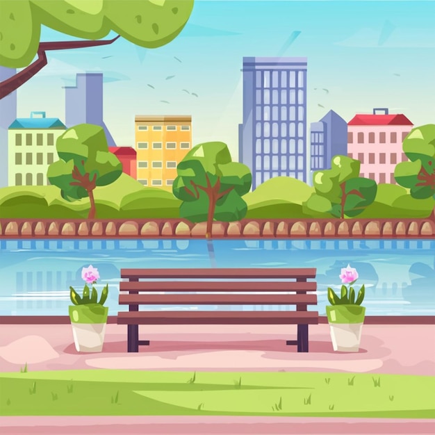 Stedelijke rivier esplanade met zomer park zitplaatsen