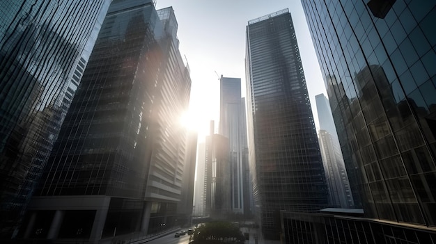 Stedelijke skyline met gloeiende wolkenkrabbers en reflecterende kantoorgebouwen in een metropool