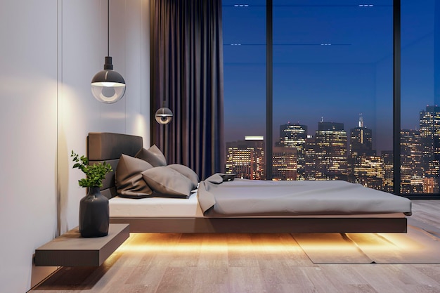 Stedelijke slaapkamer met zacht verlichting en opvallend zicht op de nachtelijke skyline Moderne comfortconcept 3D-rendering