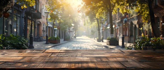 Foto stedelijke straatscene met wazige achtergrond en lege houten tafel concept stedelijke straatscene wazige achtergronden lege houten tabel stadslandschap minimalistische fotografie