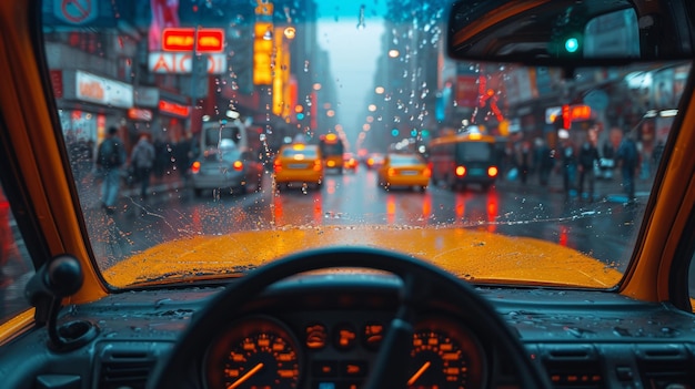 Stedelijke taxichauffeur gericht op de weg met stadsbeeld en verkeer op de achtergrond Generatieve AI