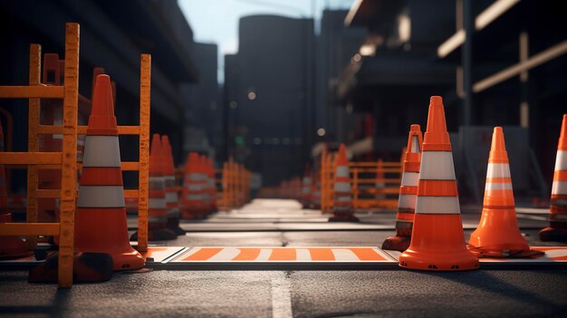 Stedelijke wegversperring met oranje verkeerskegels en barrière tijdens zonsondergang stadsbouwconcept