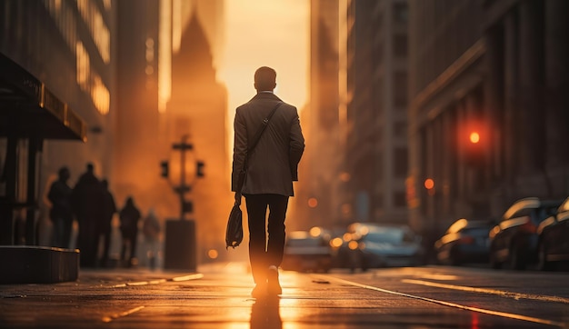 Stedelijke zwerver die bij zonsondergang door de stadsstraat loopt