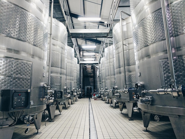 steel barrels used for storing and producing wine at a vineyard