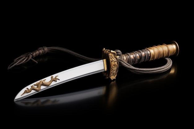 Photo steel blade knife with dragon carvings generative ai