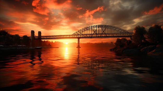 Steel bridge with sunset over water