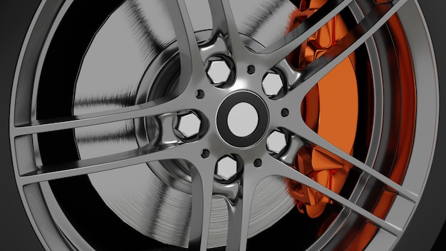 Steel car disc on wheel disc brakes Cast disc of car 3d render