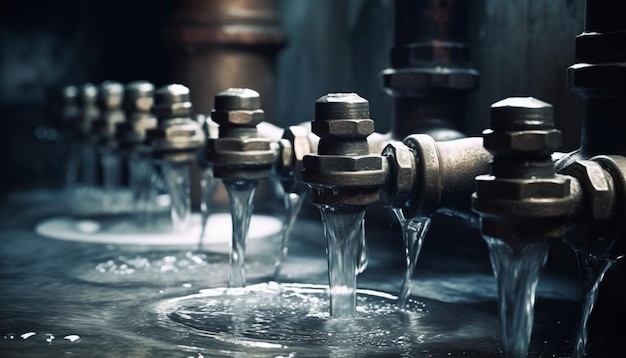 Steel equipment splashing fresh purified water in a factory workshop generated by artificial intelligence