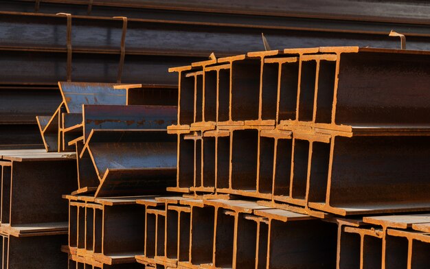 Steel factory floor, stacked with a lot of steel