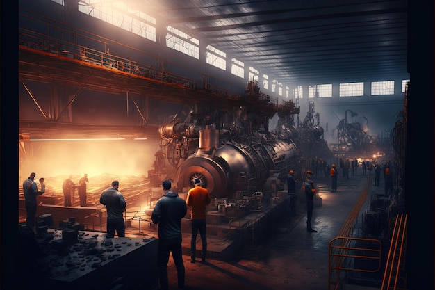 Steel factory interior Workers building complex machinery Men at work Generative Ai