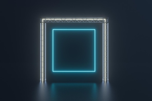 Steel frame and luminous cubes 3d rendering