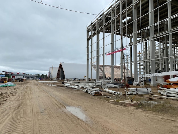 The steel frame of a new factory building under construction