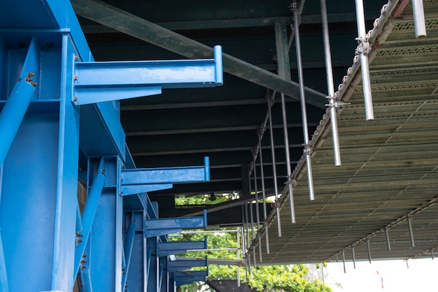 Steel frame scaffolding at the bridge renovation work on the river