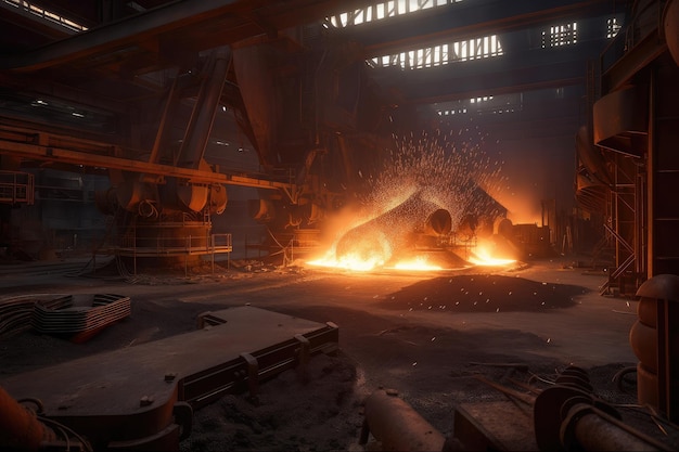 Steel furnace with flames and sparks flying providing the heat needed to melt ore